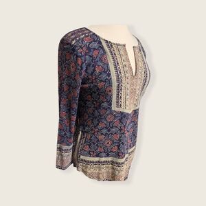 Lucky Brand Top Long Sleeve Navy Blue/Light Tan Size Medium